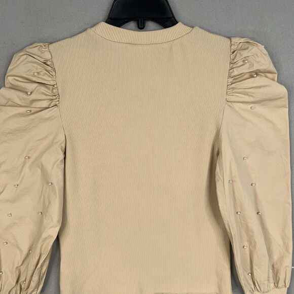 Dolan Anthropologie Shirt Womens Medium Ivory Ribbed Puff Pearl Minimal Feminine - Picture 10 of 15